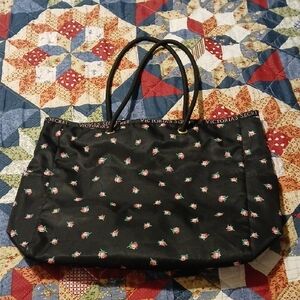 Victoria's Secret Black Tote with Pink Rose Print, 2 Side Pockets